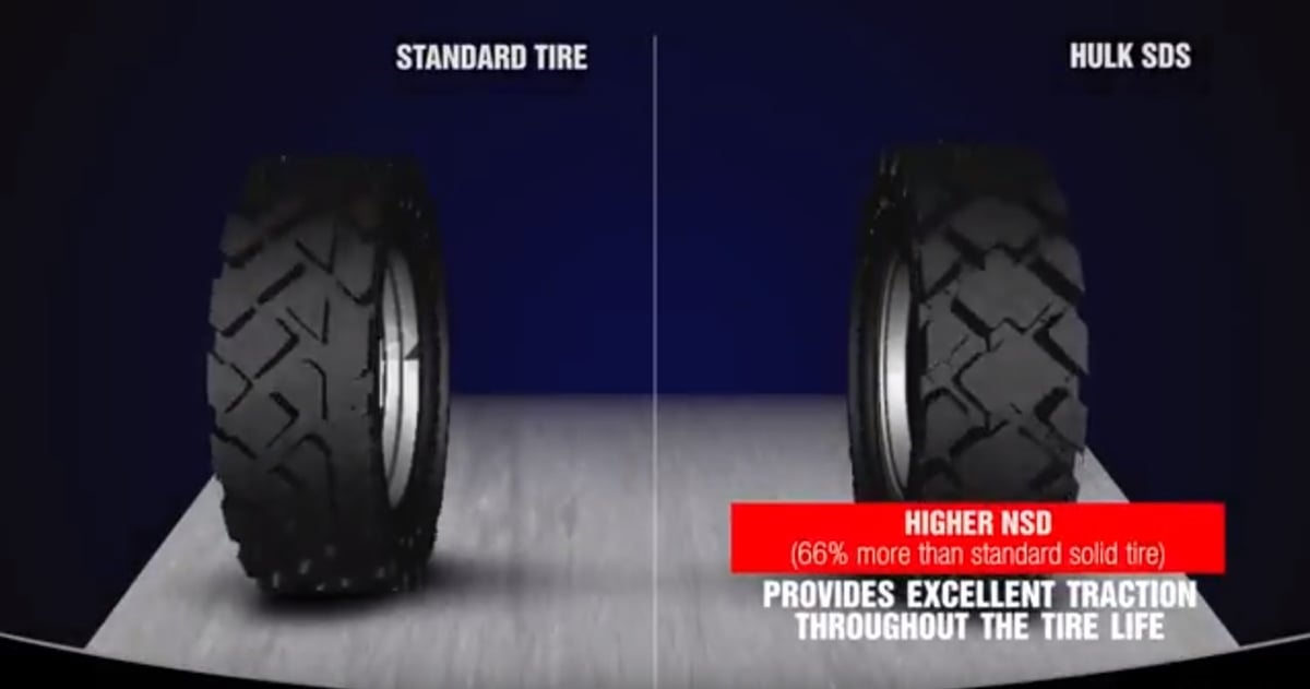Hulk SDS tire has 66% higher non-skid depth than a standard solid